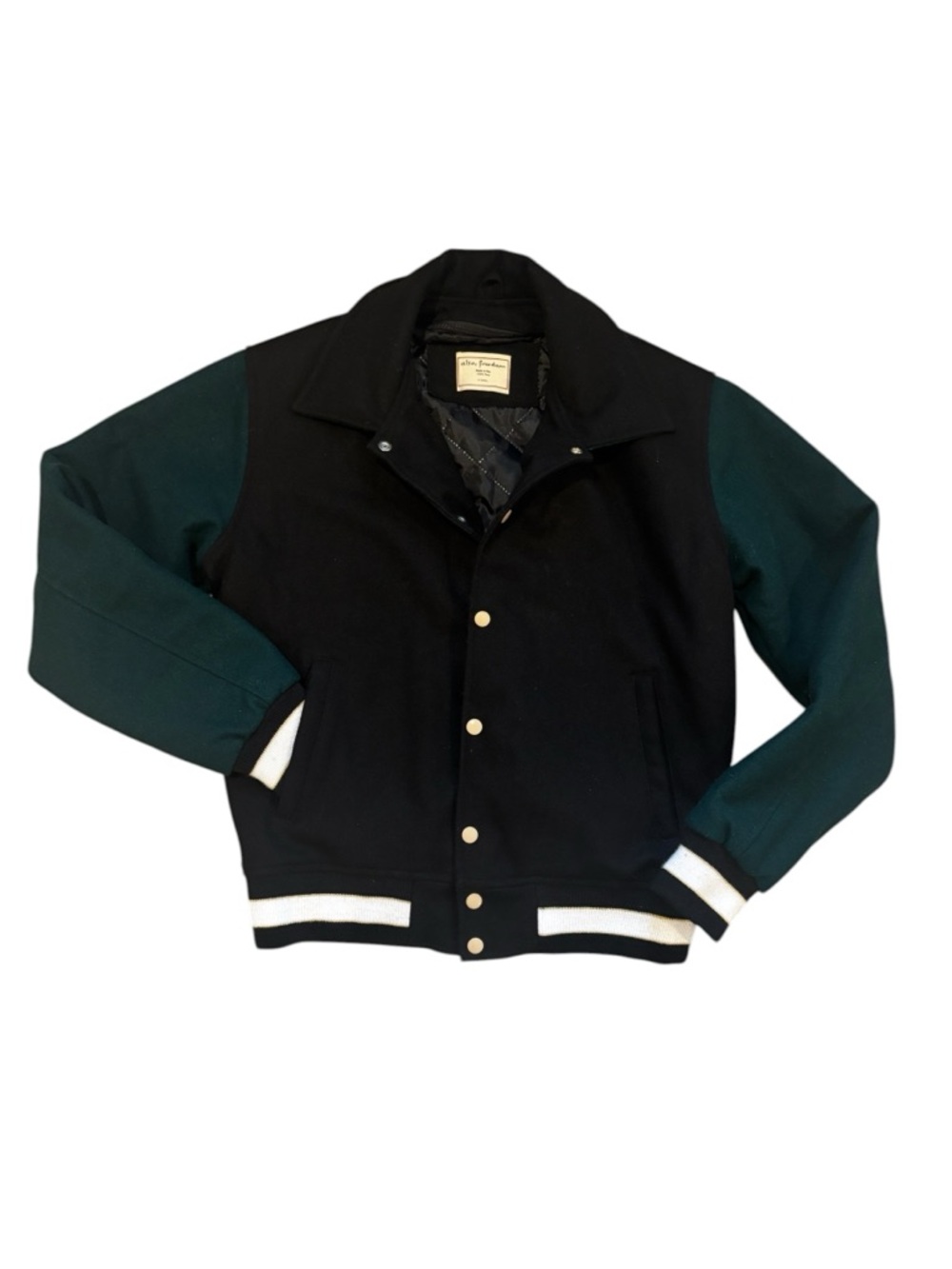 Black Varsity Jacket with Dark Green Sleeves by Also, Freedom